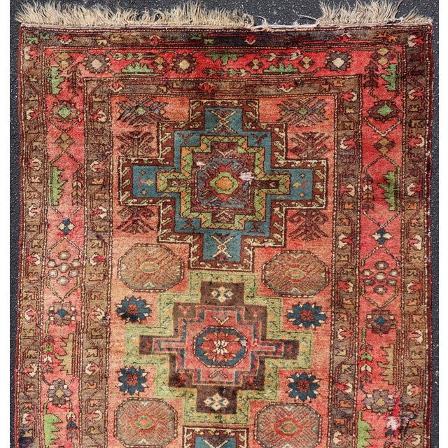 Tribal Vintage Caucasian Kazak Rug With Medallions in Coral and Turquoise 4'2 X 6'9 For Sale - Image 3 of 14
