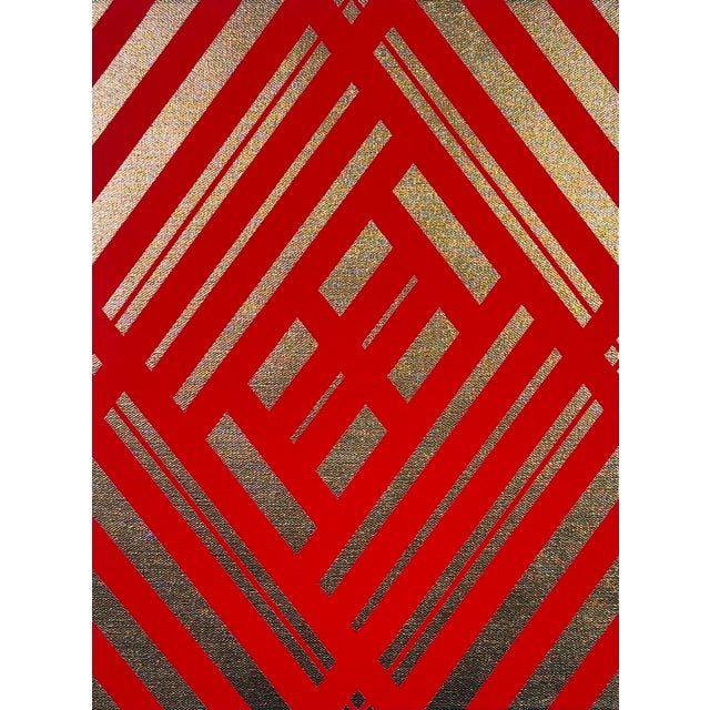 Abstract Geometric Mid-Century Modern Op Art Painting on Canvas “Gold Royal Red” For Sale