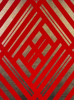 Abstract Geometric Mid-Century Modern Op Art Painting on Canvas “Gold Royal Red”