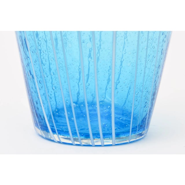 Glass Murano Venini Sapphire Turquoise Glass Ice Bucket With White Lines 1980's For Sale - Image 7 of 10