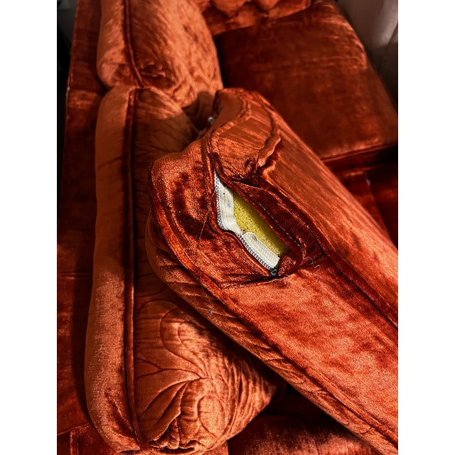 1970s Burnt Orange Crushed Velvet Curved Loveseat For Sale - Image 9 of 10