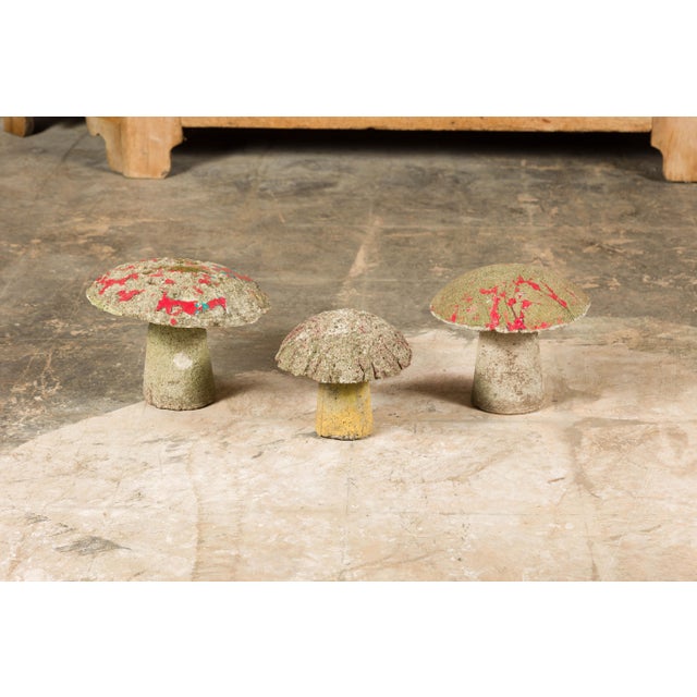 Red Set of Three American Midcentury Painted Concrete Mushroom Garden Ornaments For Sale - Image 8 of 12
