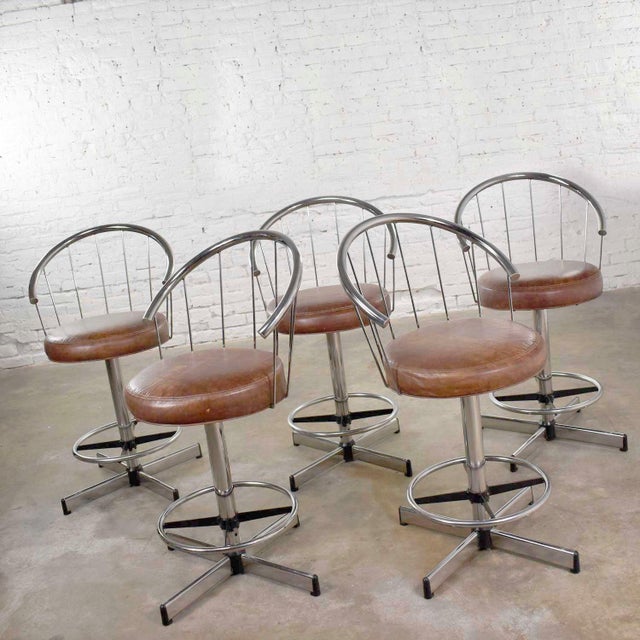 5 Cosco Vintage Modern Chrome Bar or Counter Stools W/ Brown Vinyl Faux Leather Seats Chairish