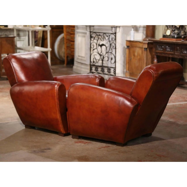 Animal Skin Pair of Early 20th Century French Art Deco Brown Leather Club Armchairs For Sale - Image 7 of 9