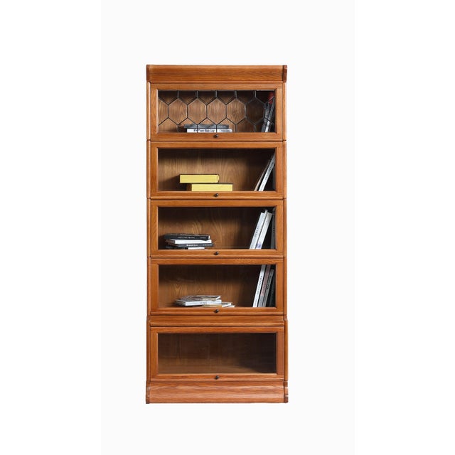 Mission Style Oak Barrister Bookcase 5 Stack-Leaded Glass in Micheals Cherry For Sale - Image 12 of 18
