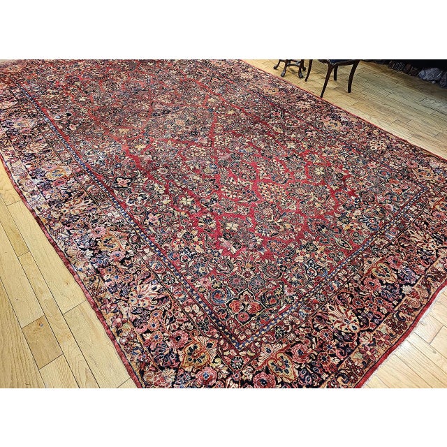 Antique Oversized Persian Sarouk Area Rug, Hand-Knotted Wool, Allover Floral Pattern, 10x17, Red & Navy For Sale - Image 4 of 18