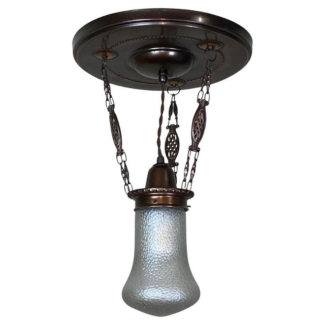 Art Nouveau Brass Chandelier with Iridescent Martelé Glass from Loetz, 1910s For Sale - Image 10 of 10