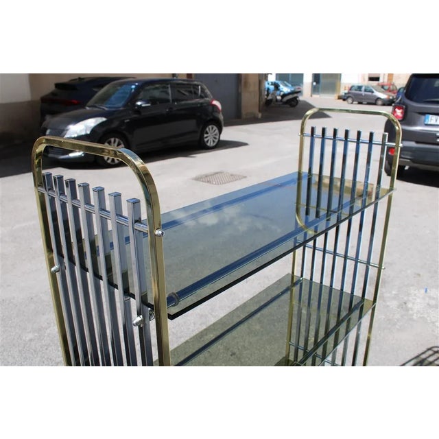 Italian Shelf in Chromed Metal, Brass & Glass, 1970s For Sale - Image 3 of 12