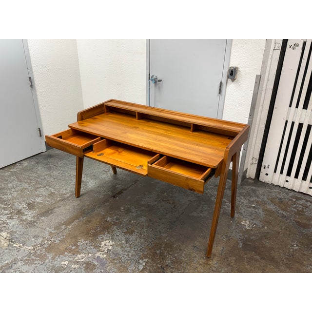 Mid-Century Modern Cb2 Drommen Acacia Wood Desk For Sale - Image 3 of 12