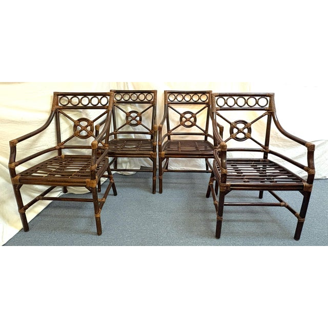 Mid-Century Modern Vintage McGuire Inspired Target Back Style Bamboo and Rawhide Wrapped Arm Chairs With Cushions- Set of 4 For Sale - Image 3 of 18