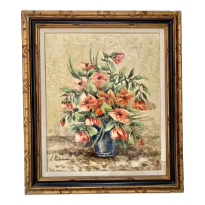 Mid-Century Oil Painting Flowers Gilded Frame