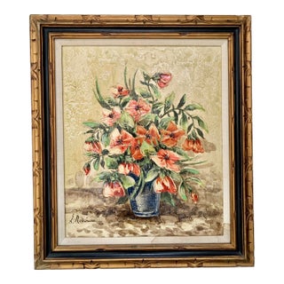 Mid-Century Oil Painting Flowers Wooden Gilded Frame For Sale