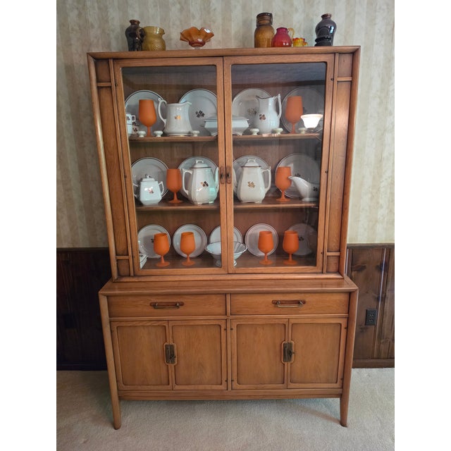 1963 Drexel Meridian Pecan & Walnut China Hutch For Sale - Image 11 of 12
