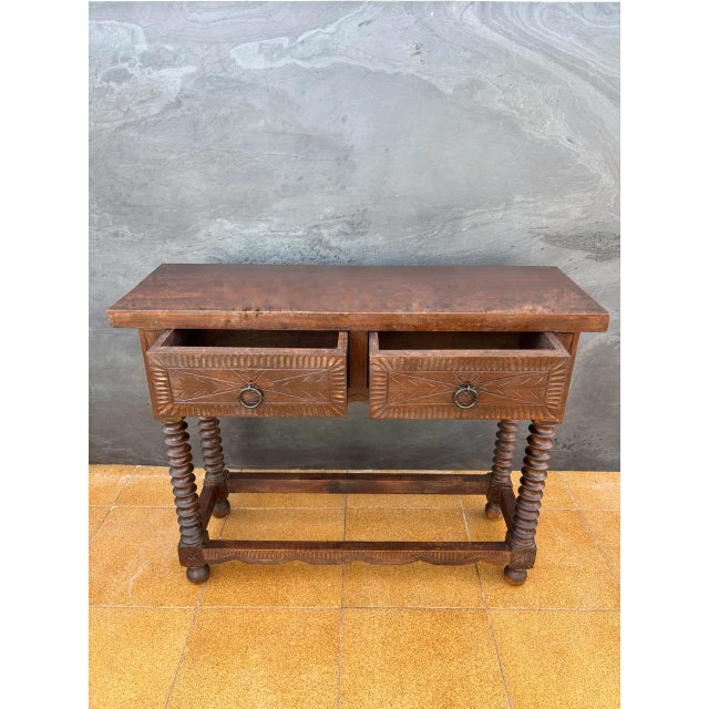 Brown Spanish Console Table with Turned Legs and Carved Drawers, 1920 For Sale - Image 8 of 11