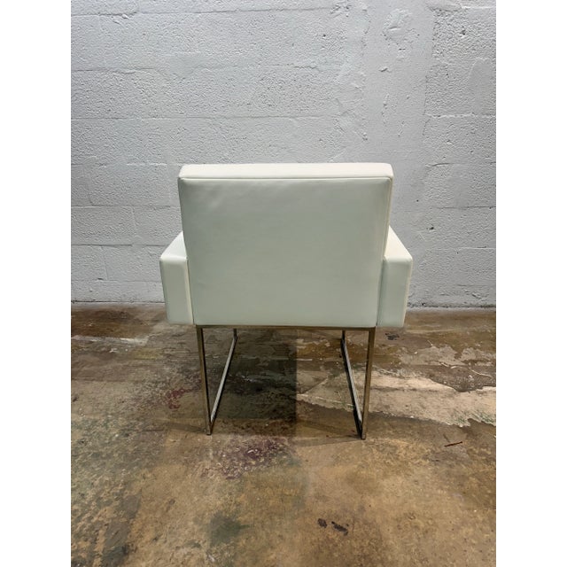 Brueton Pair of Brueton White Naugahyde and Chrome Frame Dining Arm Chairs - Twelve Available For Sale - Image 4 of 11