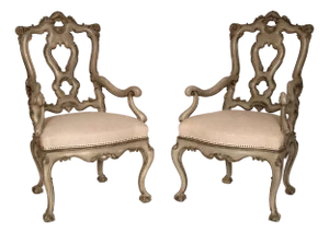 Pair of Italian Louis XV Style Grisaille Painted Armchairs