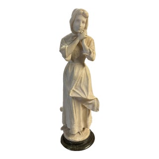 Antique Carved Alabaster Maiden Woman Sculpture Signed 24” Figure Marble Base For Sale