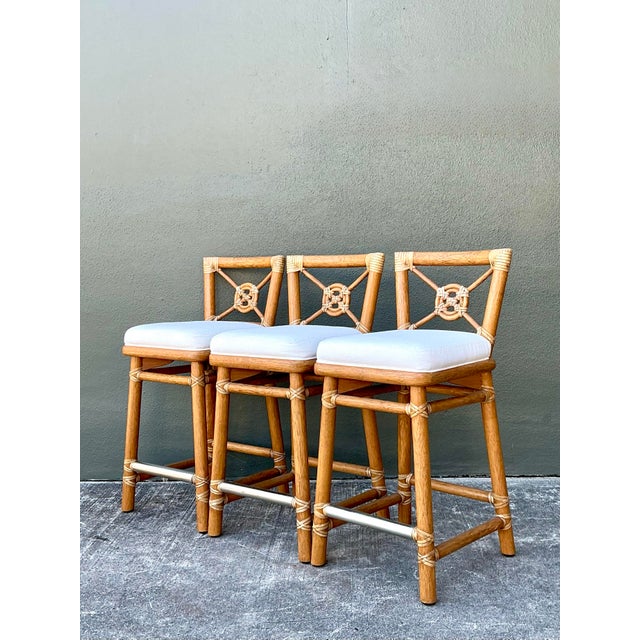 Contemporary Vintage McGuire Wrapped Rattan Bar Stools - Set of 3 For Sale - Image 3 of 12