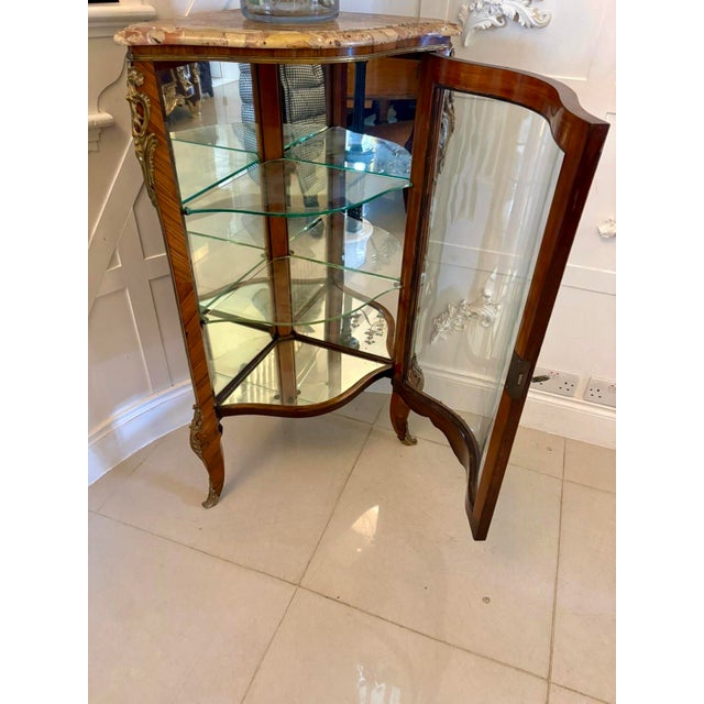 Antique French Kingwood Serpentine Corner Display Cabinet with Marble Top and Ormolu Mounts, 1860 For Sale - Image 10 of 12