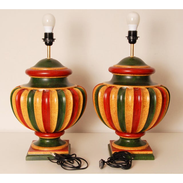 Atelier Versace Vintage Italian Table Lamps Tall Carved Wood Vase Lamps 1980s a Pair For Sale - Image 4 of 9