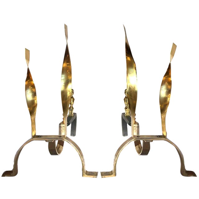 Mid-Century Flame Motif Andirons - a Pair For Sale