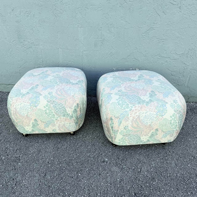 Postmodern Multicolored Floral Fabric Pouf Ottomans - A Pair For Sale In West Palm - Image 6 of 10