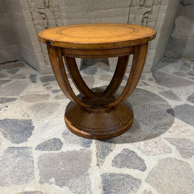 Art Deco Round Leather Embossed Side Table Attributed Maitland Smith Art Deco Neoclassical For Sale - Image 3 of 15