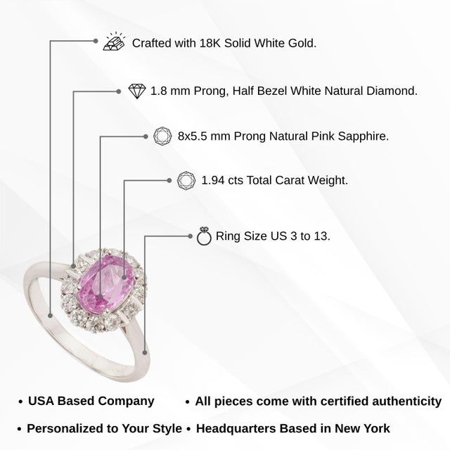 1.94ct Pink Sapphire Diamond Oval Engagement Ring for Her Size 4 in 18k Solid Gold For Sale - Image 12 of 16