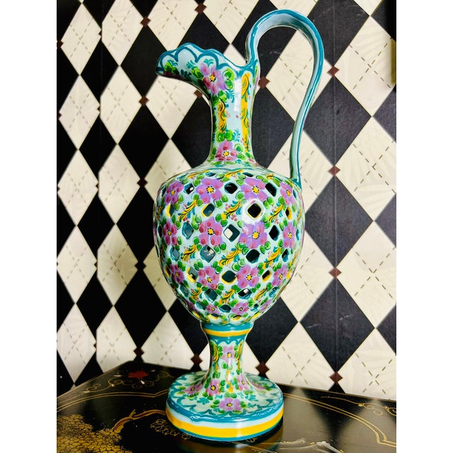 Pair Signed J. Leonardo Portuguese Hand-Painted Reticulated Ceramic Ewers, 15" For Sale - Image 17 of 17