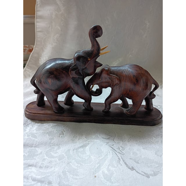 1950s Vintage Hand-Carved Rosewood Fighting Elephants Sculpture on Base For Sale - Image 5 of 6