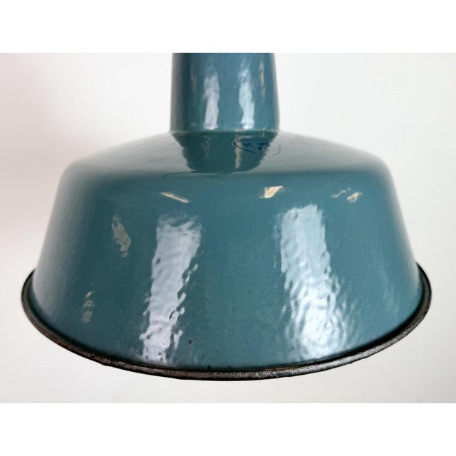 Industrial Petrol Enamel Factory Lamp with Cast Iron Top, 1960s For Sale - Image 4 of 18