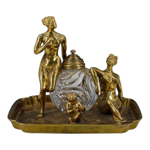Antique Gilt Bronze & Glass Figural Inkwell Sign