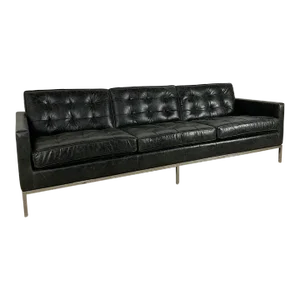 Mid 20th Century Modern Vintage Knoll Chrome Frame Sofa With Weathered Black Leather