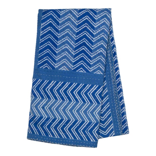 Chevron Hand Stitched Quilted Tablecloth, 6-seat table - Blue For Sale