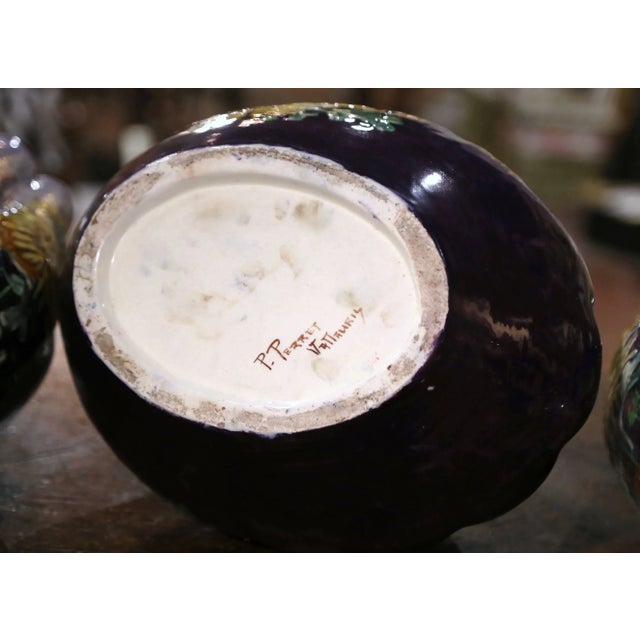 19th Century French Hand-Painted Barbotine Vases Signed P. Perret, Set of Three For Sale - Image 12 of 13