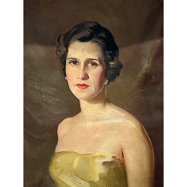 Vintage Oil Portrait of Woman in Gold Dress For Sale - Image 15 of 18