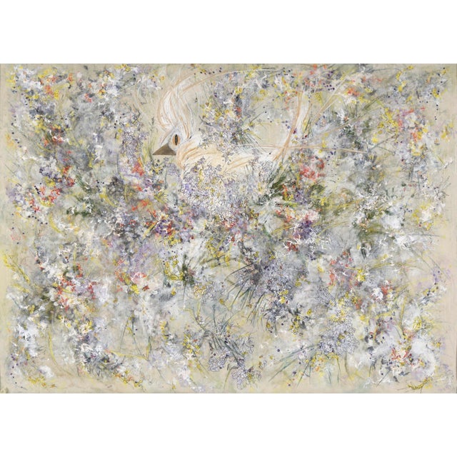 Hidden in the Flowers - Abstract Bird in Acrylic on Threaded Paper Multicolored abstract composition by Judith W Winslow...