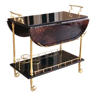1960s Hollywood Regency Aldo Tura Goatskin and Brass Drop Leaf Bar Cart For Sale