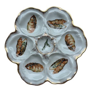 Antique Lafarge Limoges Oyster Plate – Hand Painted French Porcelain With Gilded Accents, 1910s For Sale