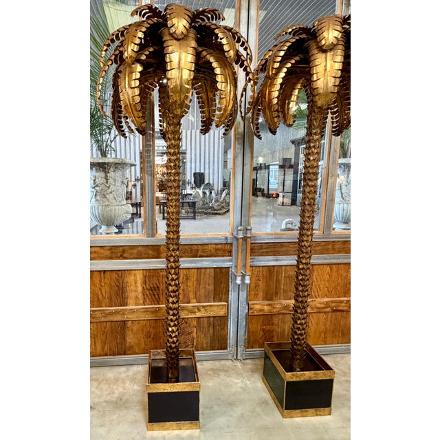 Monumental Pair of Maison Jansen Gilt Metal Palm Tree Floor Lamps, France, 20th C. A remarkable Paris warehouse find, this...