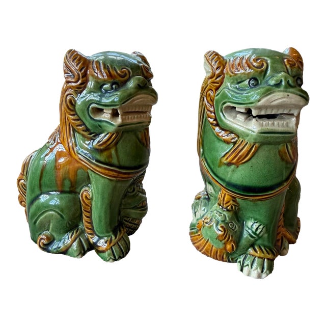 Mid Century Petite Green Glazed Bisque Foo Dogs, a Pair For Sale