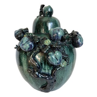 Large Chinese Green & Teal Glazed Lidded Ginger Jar With Sculptural Fruit Motif For Sale