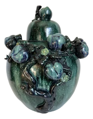Large Chinese Green & Teal Glazed Lidded Ginger Jar With Sculptural Fruit Motif