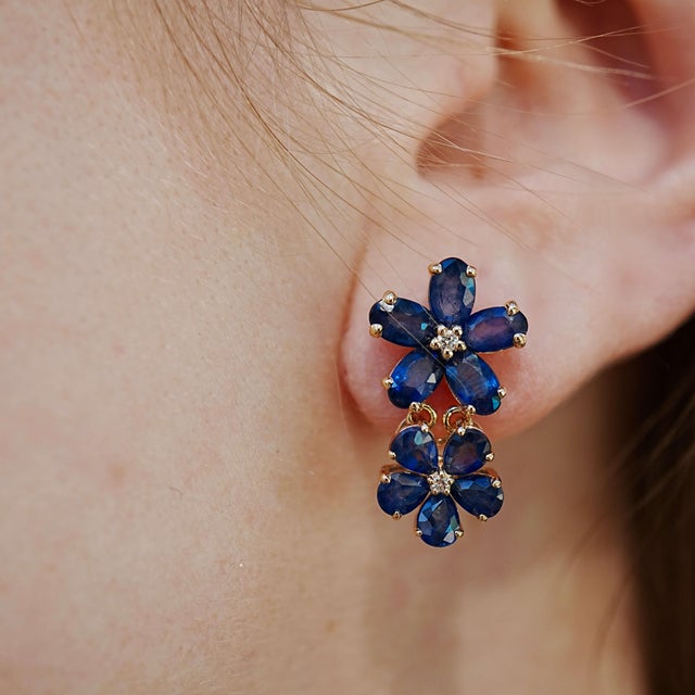 Nina Zhou 4.92ctw Blue Sapphire & Diamond Double Blossom Drop Earrings For Sale In Los Angeles - Image 6 of 7