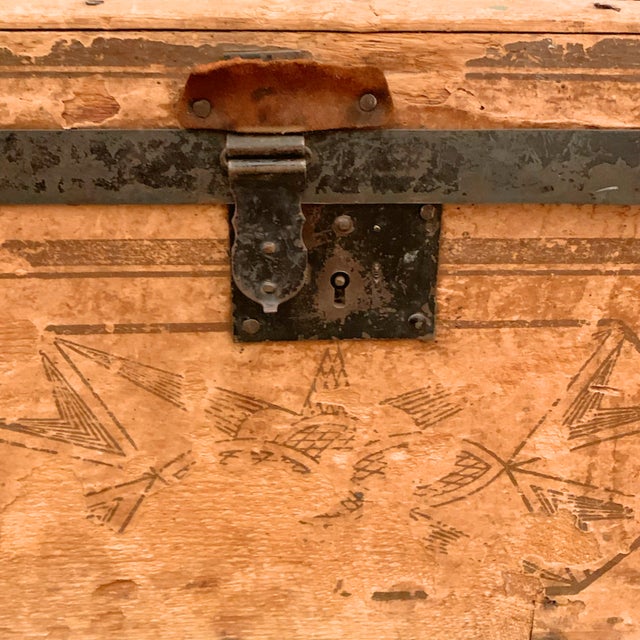 Wood Small Vintage Painted Wooden Trunk With Geometric Motif Rustic Americana Chest For Sale - Image 7 of 8