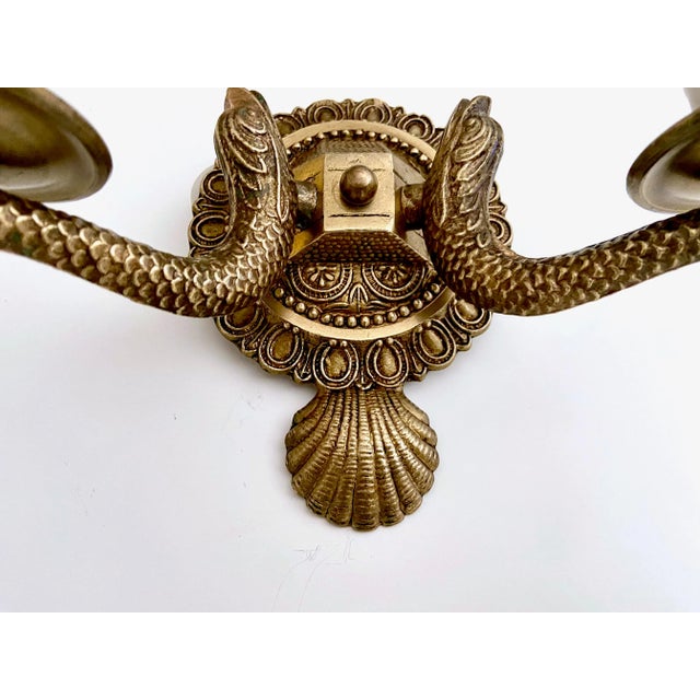 Pair Neoclassic Dolphin Shell Brass Wall Sconces For Sale In Palm Springs - Image 6 of 13