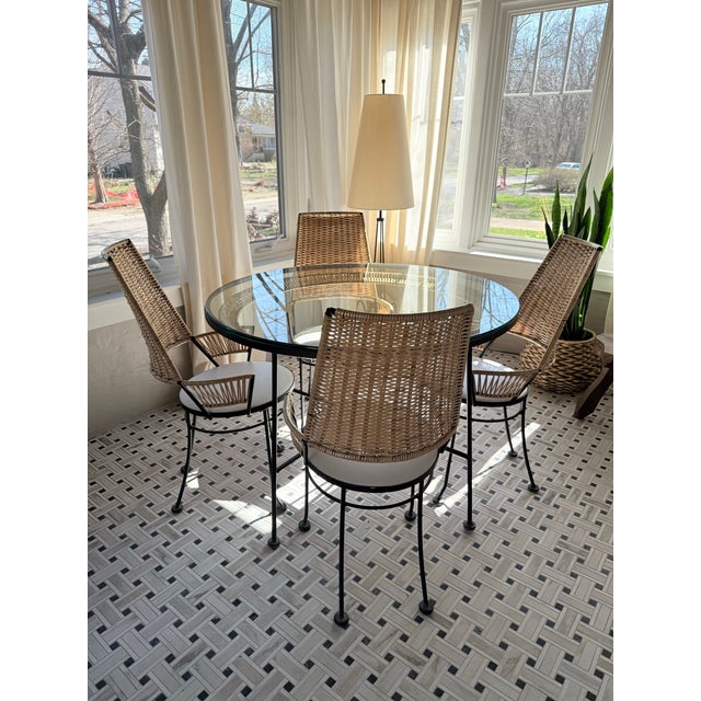 Arthur Umanoff Vintage Dining Set- Wrought Iron & Resin Wicker, Glass Top Table, 4 Chairs Attributed to Arthur Umanoff for Shaver Howard For Sale - Image 4 of 10