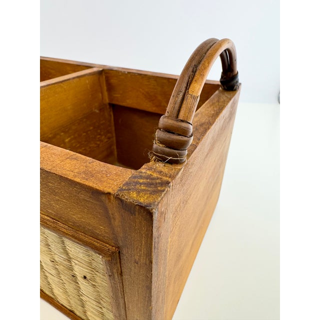 Brown Vintage Indonesian Wood and Woven Rattan Four-Compartment Storage Caddy For Sale - Image 8 of 15