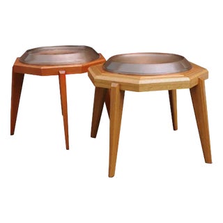 Octagonal Wooden Tables with Spun Copper Concave Tops, 1980s, Set of 2 For Sale