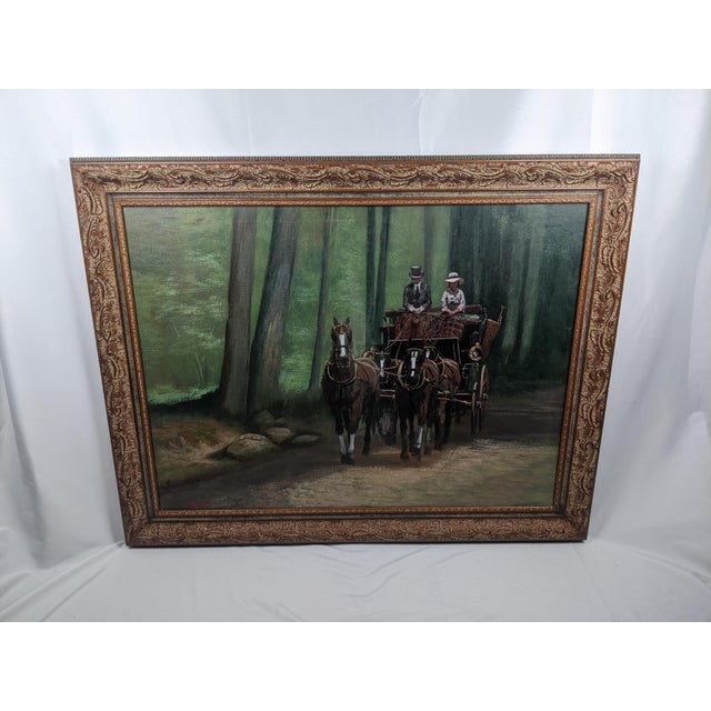 Monumental equestrian oil on canvas depicting an elegant horse-drawn carriage traveling through a deeply atmospheric...